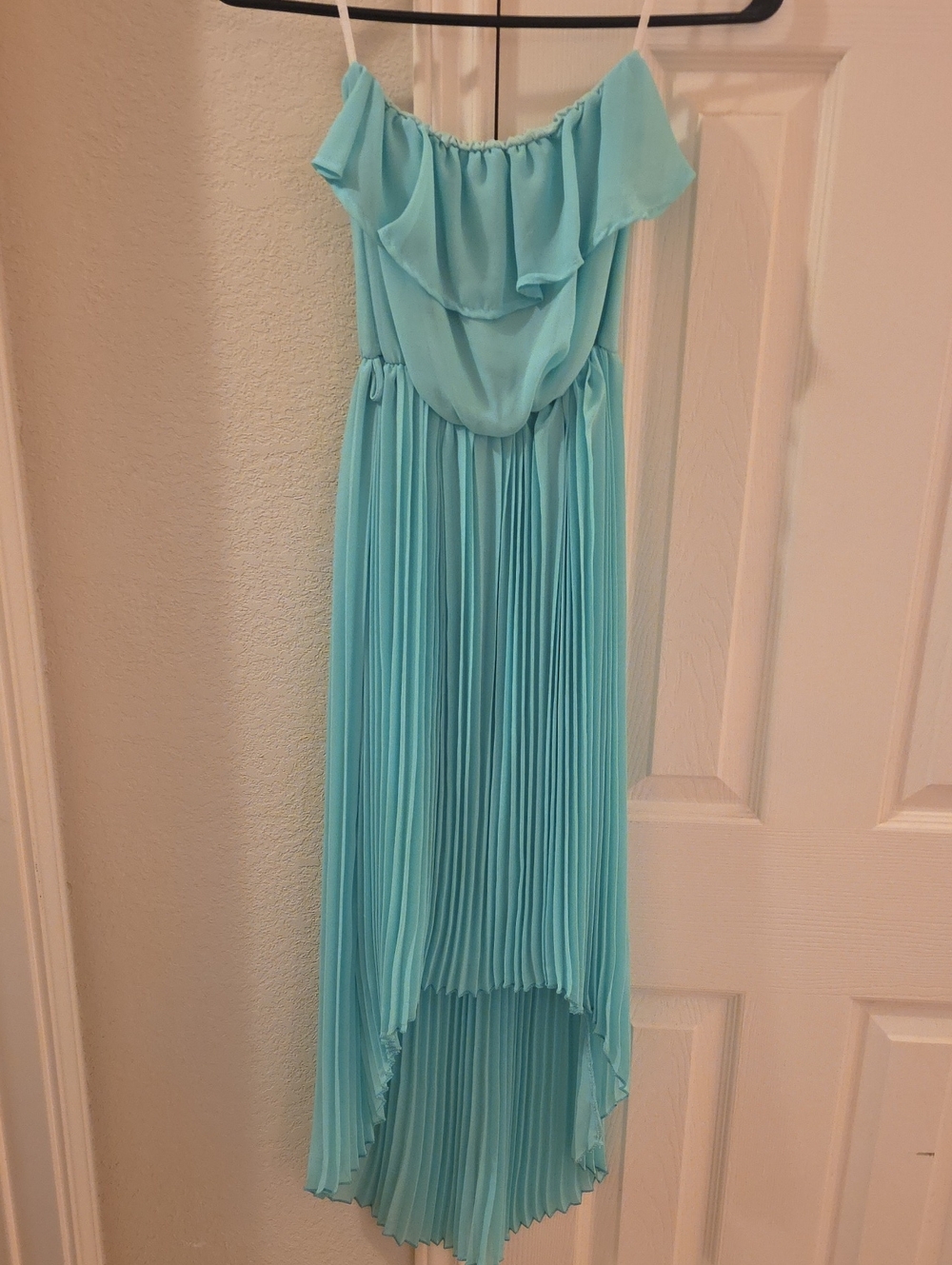 Girls Aqua Off-Shoulder Pleated Hi-Low Dress